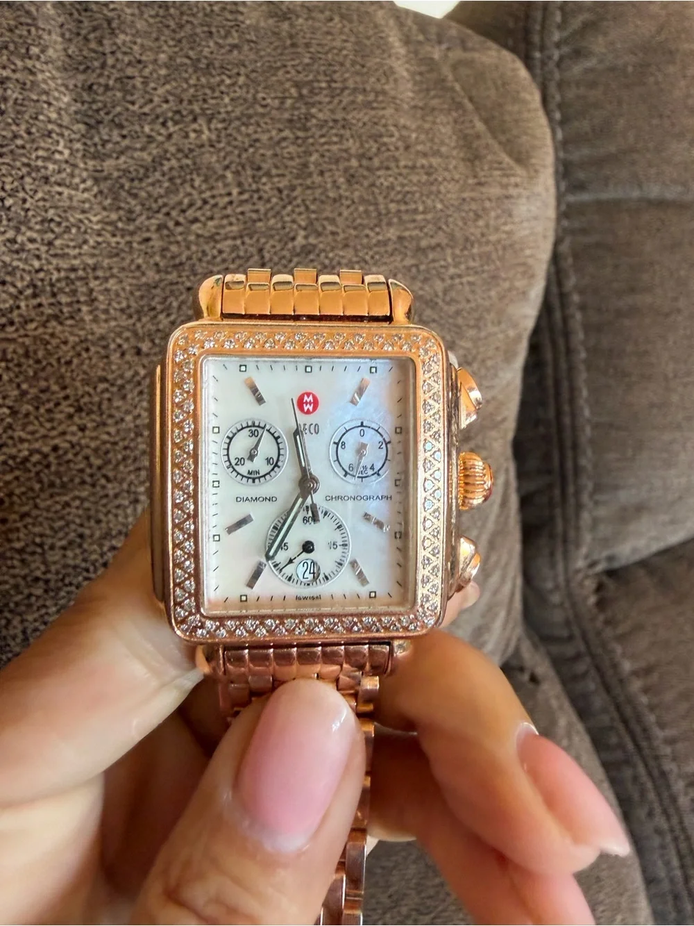 MICHELE Deco Diamond Chronograph Rose Gold-Tone Watch 6.25” band